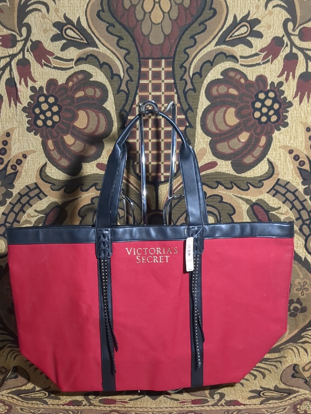 Victoria's Secret Red Canvas Tote with Black Trim and Handles